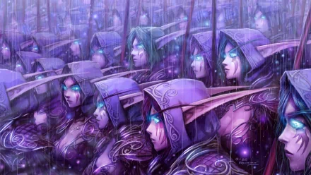 A striking HD wallpaper from World of Warcraft featuring a mystical army of night elves, their expressions determined amidst a violet-hued, atmospheric backdrop.