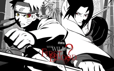 A high-definition desktop wallpaper featuring Naruto Uzumaki and Sasuke Uchiha from the anime Naruto. The two characters are in an intense scene, with a dramatic question: Who will draw first blood?