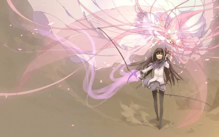 A dynamic scene featuring Homura Akemi from Puella Magi Madoka Magica, wielding a weapon amidst flowing pink energy, creating a captivating anime background.