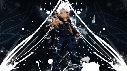 HD PC desktop wallpaper featuring Tōshirō Hitsugaya from the anime Bleach in a dynamic pose with abstract white and black splashes in the background.