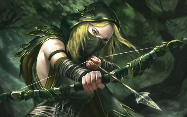 A fantasy warrior archer draws her bow in a lush, green forest, exuding strength and determination. This HD wallpaper captures the essence of a mystical battle-ready character.
