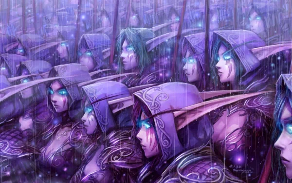 A striking HD wallpaper from World of Warcraft featuring a mystical army of night elves, their expressions determined amidst a violet-hued, atmospheric backdrop.