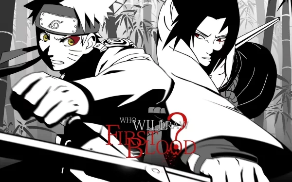 A high-definition desktop wallpaper featuring Naruto Uzumaki and Sasuke Uchiha from the anime Naruto. The two characters are in an intense scene, with a dramatic question: Who will draw first blood?