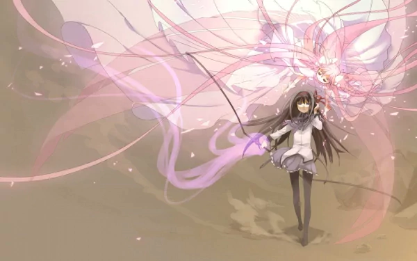 A dynamic scene featuring Homura Akemi from Puella Magi Madoka Magica, wielding a weapon amidst flowing pink energy, creating a captivating anime background.