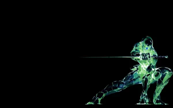 A striking HD desktop wallpaper featuring a character from the video game Metal Gear, poised dramatically with a sword against a dark background.