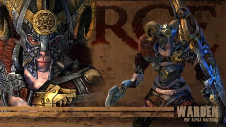 HD PC desktop wallpaper/background of a video game warden — a horned, armored warrior wielding axe and shield against a weathered banner backdrop.
