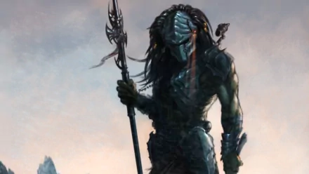 A striking HD desktop wallpaper featuring a sci-fi predator, armed and imposing, set against a misty landscape that enhances its fierce presence.