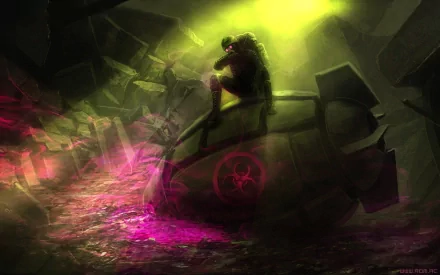 HD sci-fi desktop wallpaper featuring a lone figure in biohazard gear sitting atop a large containment vessel amid glowing green and pink toxic waste in a dark, ruined environment.