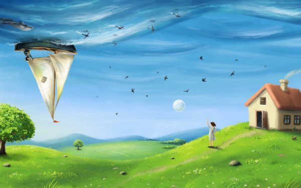 Fantaisie Artistique Surrealism Champ Herbe Bateau Poisson Dauphin Ciel Sea Arbre Hill Oiseau Lune Fond d'écran HD | Image