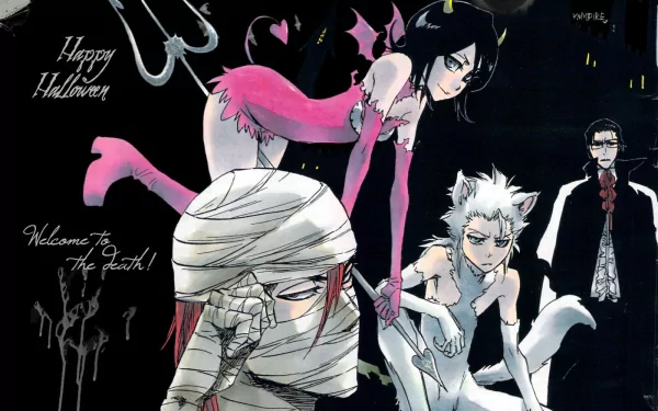 Bleach anime Halloween HD PC desktop wallpaper and background featuring Renji Abarai, Tōshirō Hitsugaya, Uryu Ishida and Rukia Kuchiki in spooky costumes against a dark backdrop.