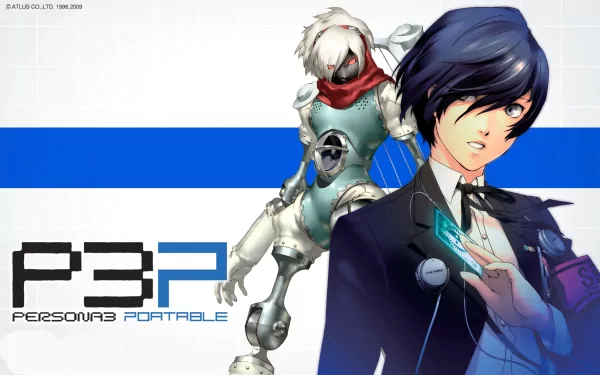 HD PC desktop wallpaper featuring characters from the video game Persona 3 Portable with a blue and white background and the P3P logo.