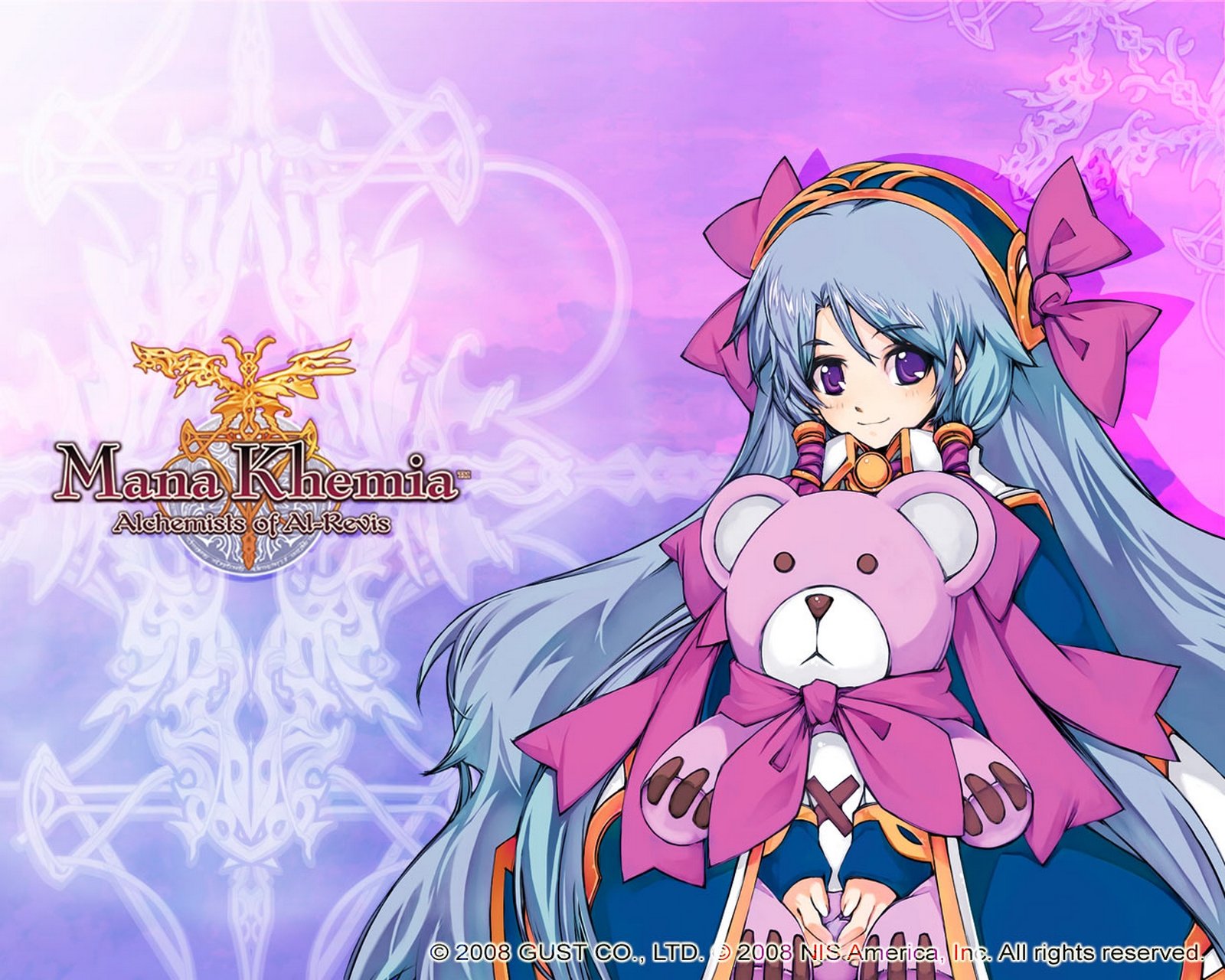 HD PC desktop wallpaper featuring a character from the video game Mana Khemia, holding a pink teddy bear against a purple and pink abstract background.