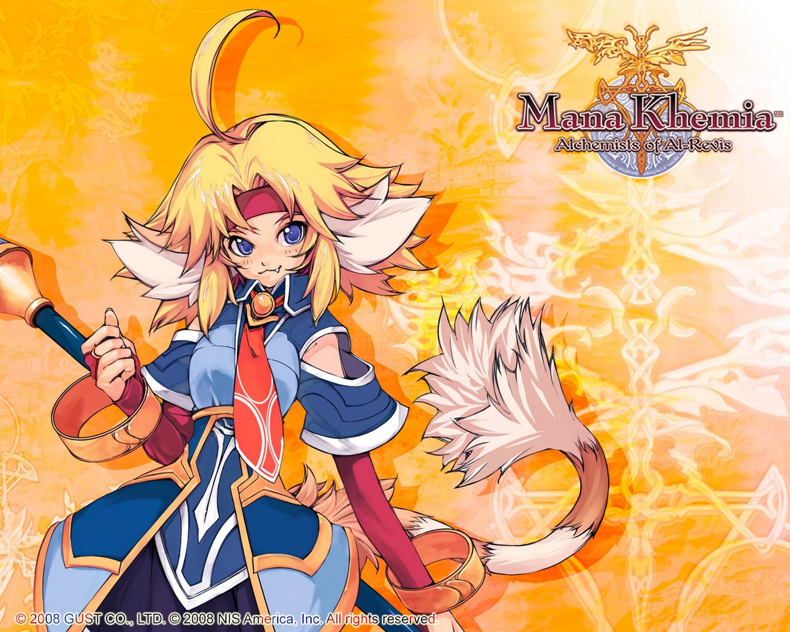 HD PC desktop wallpaper featuring a vibrant illustration from the video game Mana Khemia, showcasing a character with cat-like features and a dynamic orange background.