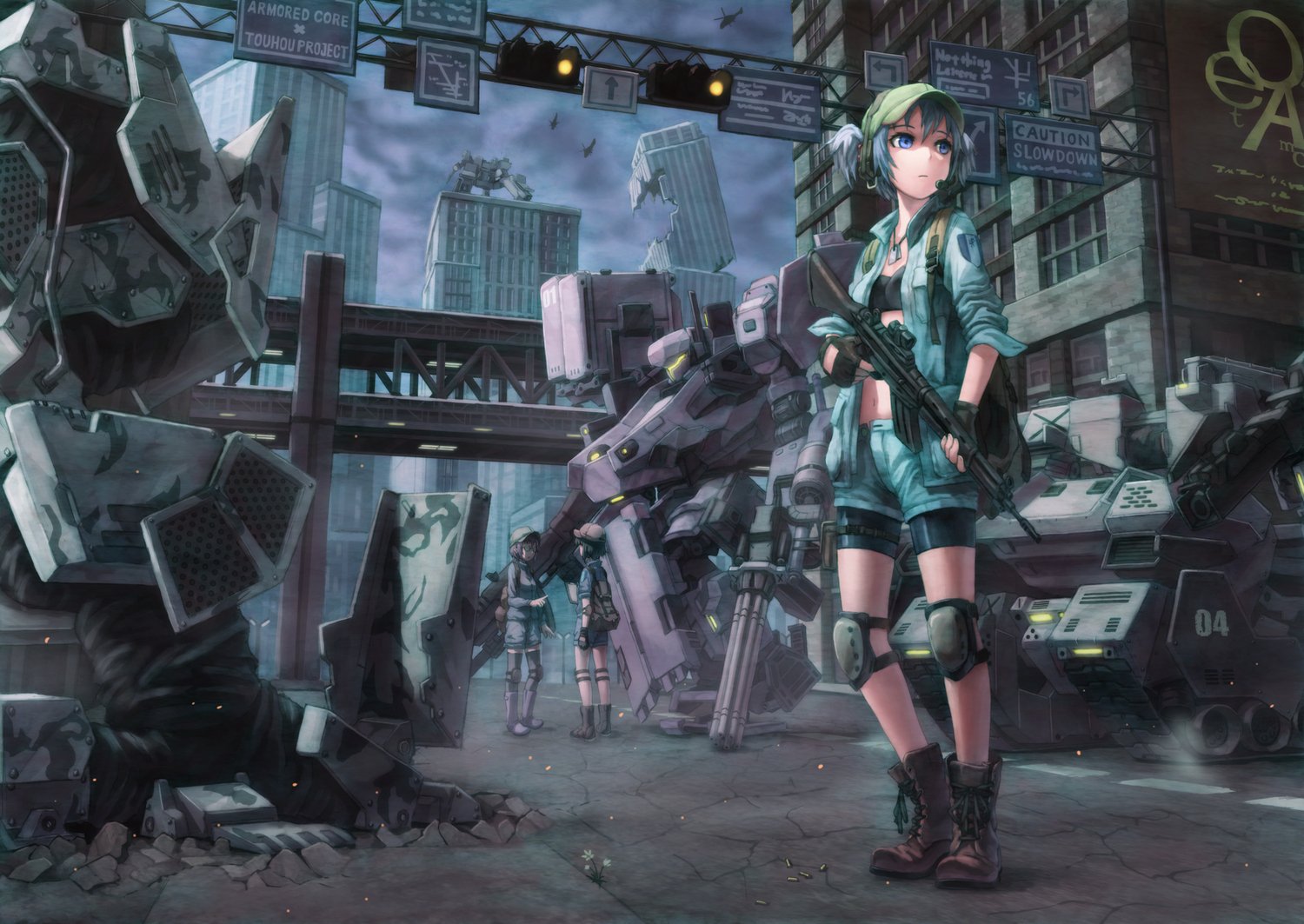 HD anime desktop wallpaper featuring Nitori Kawashiro from Touhou, standing in a futuristic, robot-filled urban environment with a moody atmosphere.