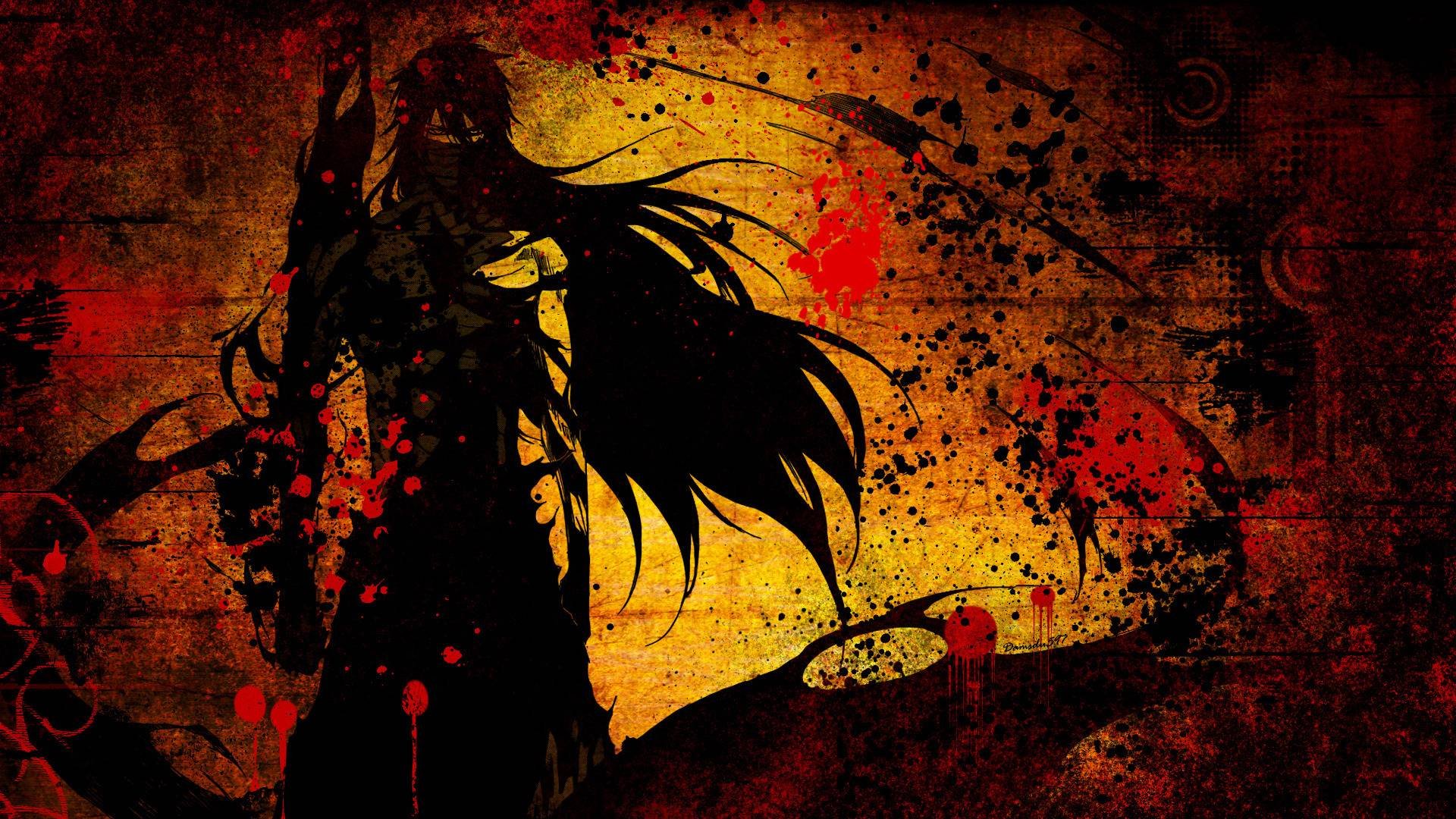 HD PC desktop wallpaper featuring a dark, stylized silhouette of Ichigo Kurosaki from the anime Bleach with a fiery, textured background.