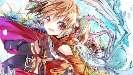 An HD desktop wallpaper featuring Silica and Pina from the anime Sword Art Online. The vibrant artwork showcases an energetic Silica with her pet dragon, Pina, against a colorful, floral background.