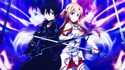 HD wallpaper featuring Kirito and Asuna Yuuki from Sword Art Online, showcasing their iconic characters with swords against a vibrant, dynamic background.