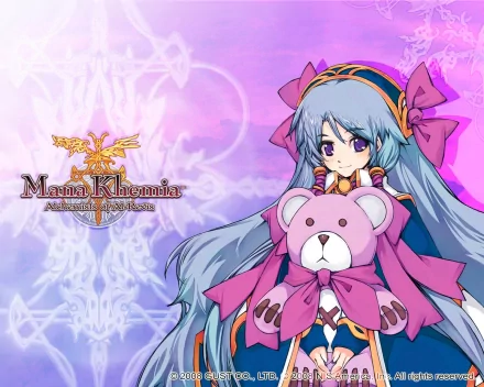 HD PC desktop wallpaper featuring a character from the video game Mana Khemia, holding a pink teddy bear against a purple and pink abstract background.