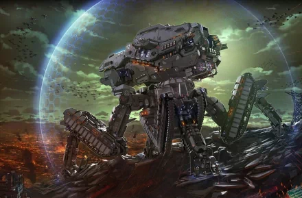 A futuristic mecha stands on a war-torn battlefield, displaying a robust shield and advanced weaponry, set against a dramatic sci-fi landscape with a glowing sphere overhead.