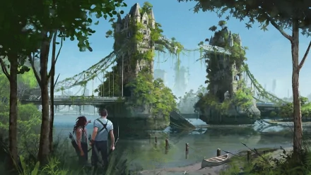 Post-apocalyptic sci-fi HD desktop wallpaper showing two people standing by a river, overlooking a ruined, overgrown suspension bridge under a bright sky.