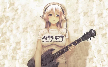 HD desktop wallpaper featuring Super Sonico from Nitro Super Sonic, holding a guitar and wearing headphones. The background includes sakura elements.
