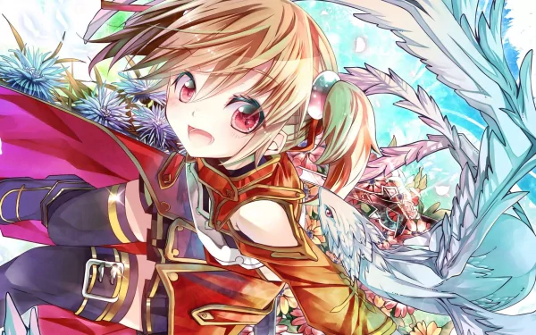 An HD desktop wallpaper featuring Silica and Pina from the anime Sword Art Online. The vibrant artwork showcases an energetic Silica with her pet dragon, Pina, against a colorful, floral background.