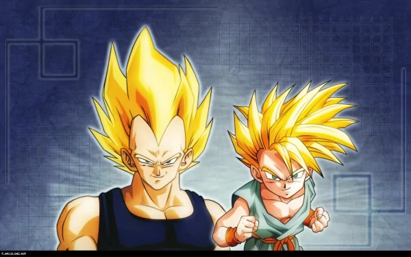 HD desktop wallpaper featuring Vegeta and Trunks from Dragon Ball Z with a blue geometric background.