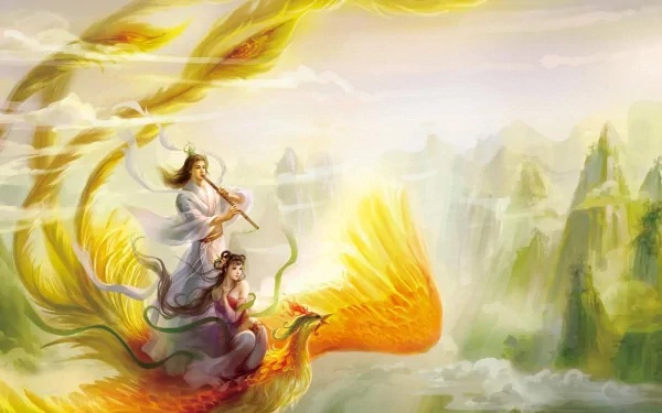 A stunning HD wallpaper featuring a fantasy scene with a phoenix soaring through misty mountains, accompanied by a flutist and a maiden in elegant, flowing attire.