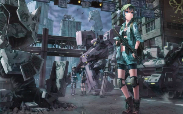 HD anime desktop wallpaper featuring Nitori Kawashiro from Touhou, standing in a futuristic, robot-filled urban environment with a moody atmosphere.