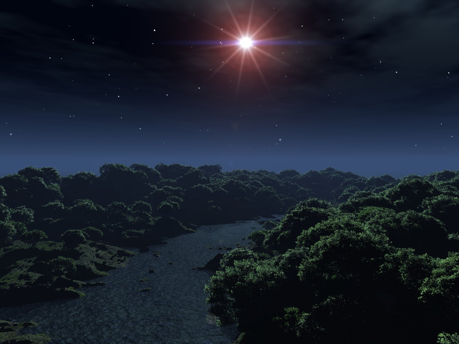 HD nature landscape of a serene river winding through dense forest under a starry night sky with a bright celestial light, designed as a PC desktop wallpaper background.