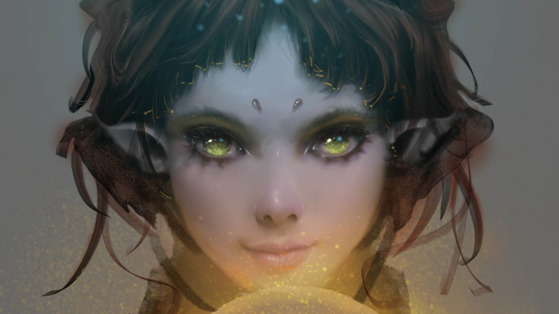 HD fantasy art of a woman with glowing yellow eyes and ethereal features, designed as a striking PC desktop wallpaper and background.