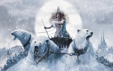Tilda Swinton as the White Witch commands a team of fierce polar bears in this striking HD wallpaper from *The Chronicles of Narnia: The Lion, the Witch and the Wardrobe*.