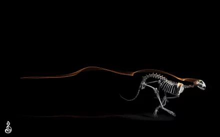 HD PC desktop wallpaper featuring a dark background with a detailed skeleton of a large feline in motion, highlighting bone structure in minimalist style.