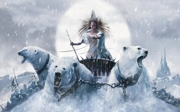 Tilda Swinton as the White Witch commands a team of fierce polar bears in this striking HD wallpaper from *The Chronicles of Narnia: The Lion, the Witch and the Wardrobe*.
