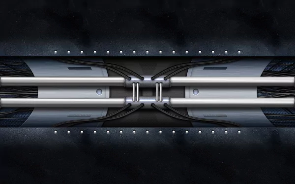 A sleek HD desktop wallpaper featuring an abstract design of metallic pipes and wires on a dark background, creating a modern and tech-inspired aesthetic.