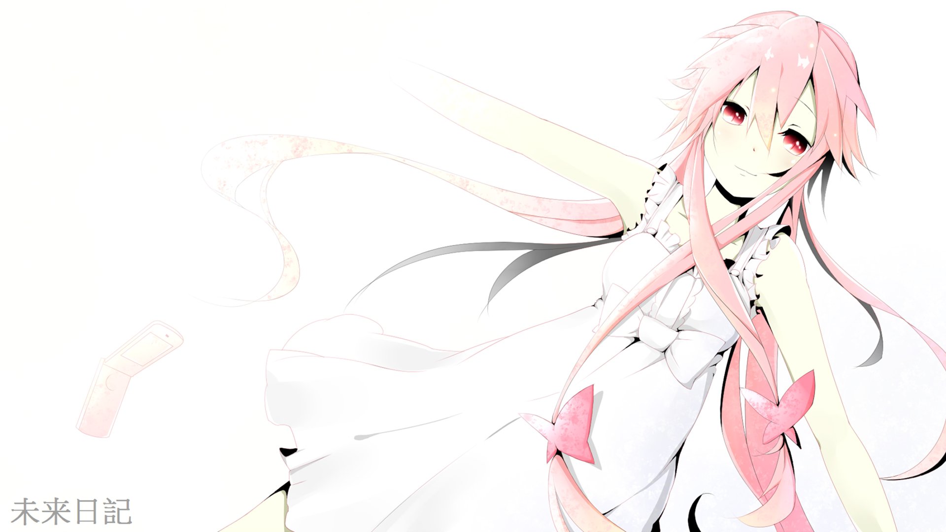 Yuno Gasai from the anime Mirai Nikki, depicted in a light background, wearing a white dress with pink accents, radiates a playful yet captivating aura in this HD desktop wallpaper.