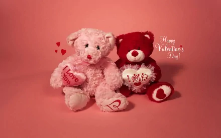 A cute pink and red teddy bear pair holds heart-shaped messages, surrounded by hearts, celebrating love with a cheerful Happy Valentine’s Day! on a pastel backdrop.