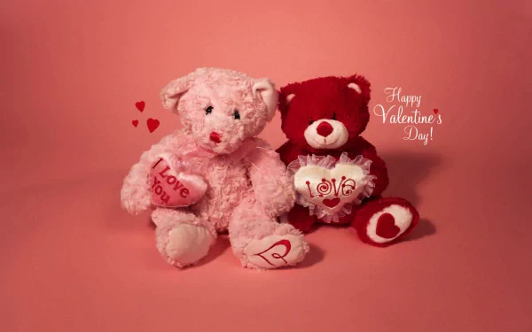 A cute pink and red teddy bear pair holds heart-shaped messages, surrounded by hearts, celebrating love with a cheerful Happy Valentine’s Day! on a pastel backdrop.