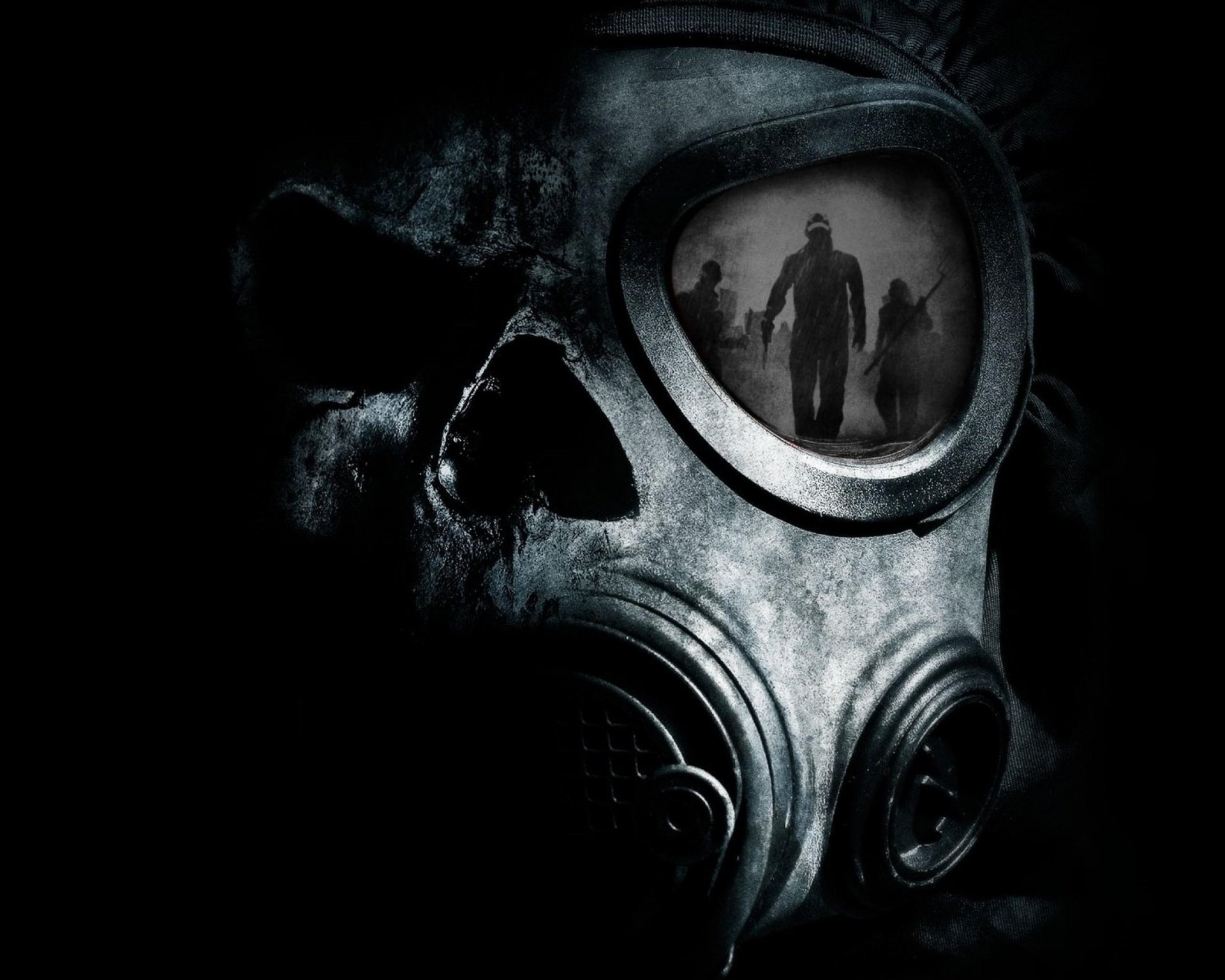 Dark HD PC desktop wallpaper featuring a close-up of a gas mask reflecting ominous figures in its lens, creating a haunting and intense atmosphere.
