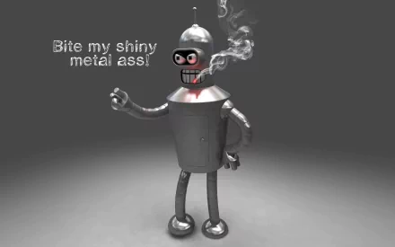 HD desktop wallpaper featuring Bender, the silver cartoon robot from the TV show Futurama, with the phrase Bite my shiny metal ass in a smoky gray background.