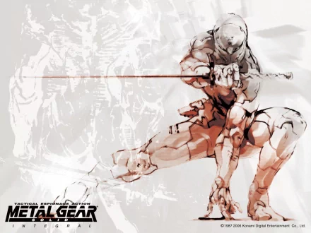 HD wallpaper featuring Gray Fox from Metal Gear Solid: Integral, showcasing the iconic character in action against a stylized backdrop inspired by the video game series.