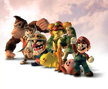 HD wallpaper of Super Smash Bros. Brawl featuring characters Donkey Kong, Wario, Pikachu, Samus, Link, Kirby, and Mario against a sky background.