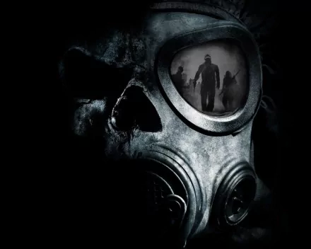 Dark HD PC desktop wallpaper featuring a close-up of a gas mask reflecting ominous figures in its lens, creating a haunting and intense atmosphere.