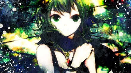 HD anime desktop wallpaper featuring GUMI from Vocaloid with vibrant green and black tones and a dynamic, artistic background.