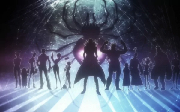 Silhouetted members of the Phantom Troupe from Hunter x Hunter stand dramatically against a vibrant, web-like background. This HD desktop wallpaper captures the enigmatic aura of these anime characters.