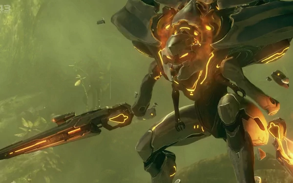A vibrant HD desktop wallpaper from Halo 4, featuring a powerful armored character wielding a futuristic weapon in a dynamic, glowing environment.