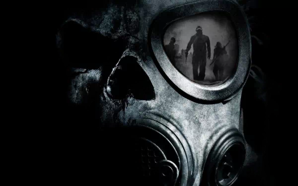 Dark HD PC desktop wallpaper featuring a close-up of a gas mask reflecting ominous figures in its lens, creating a haunting and intense atmosphere.