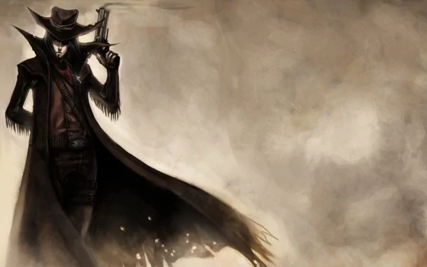 HD PC desktop wallpaper featuring Coyote Starrk from the anime Bleach, showcasing a dramatic, shadowed pose with a muted, smoky background.