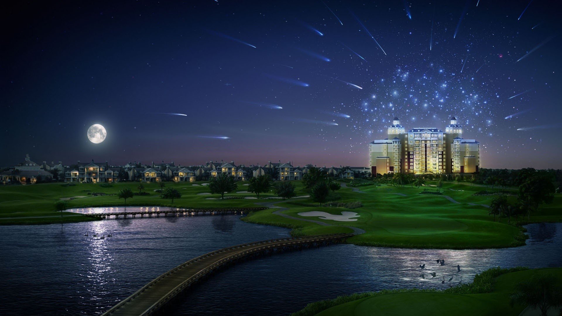 A serene view of a bridge across a lake, surrounded by a lush golf course and a town. The scene features an artistic building illuminated under a starlit sky.
