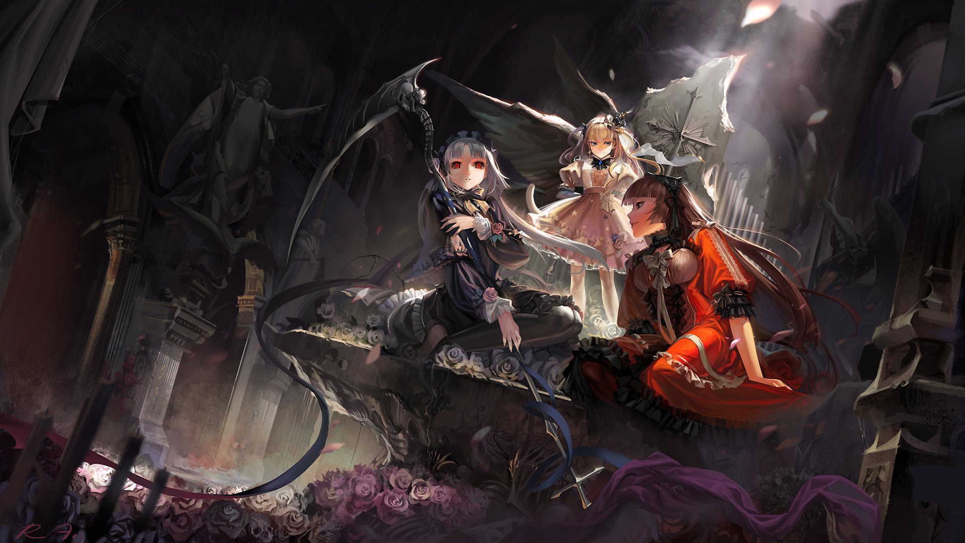 A dramatic HD desktop wallpaper featuring Komachi Onozuka from Touhou, surrounded by captivating characters in a dark, enchanting setting adorned with roses and gothic elements.